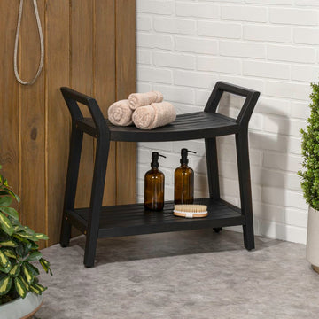 Orla 25.6" Modern Classic Slatted Solid Acacia Wood Indoor/Outdoor Shower Bench with Shelf and Handle